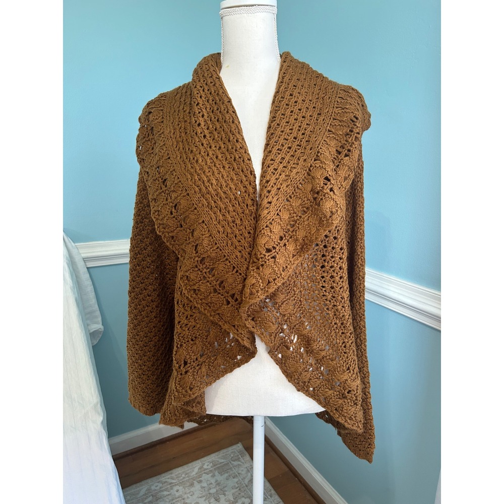 John Paul Richard Brown Crochet Open Front Cardigan XL Draped Shawl Collar Boho